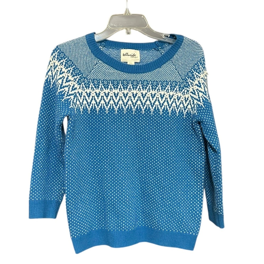 Telluride Clothing Co Womens Blue Lambswool Blend Fair‎ Isle Bobble Sweater Sz M